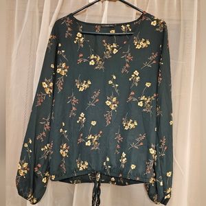 Green Floral V Neck Blouse L